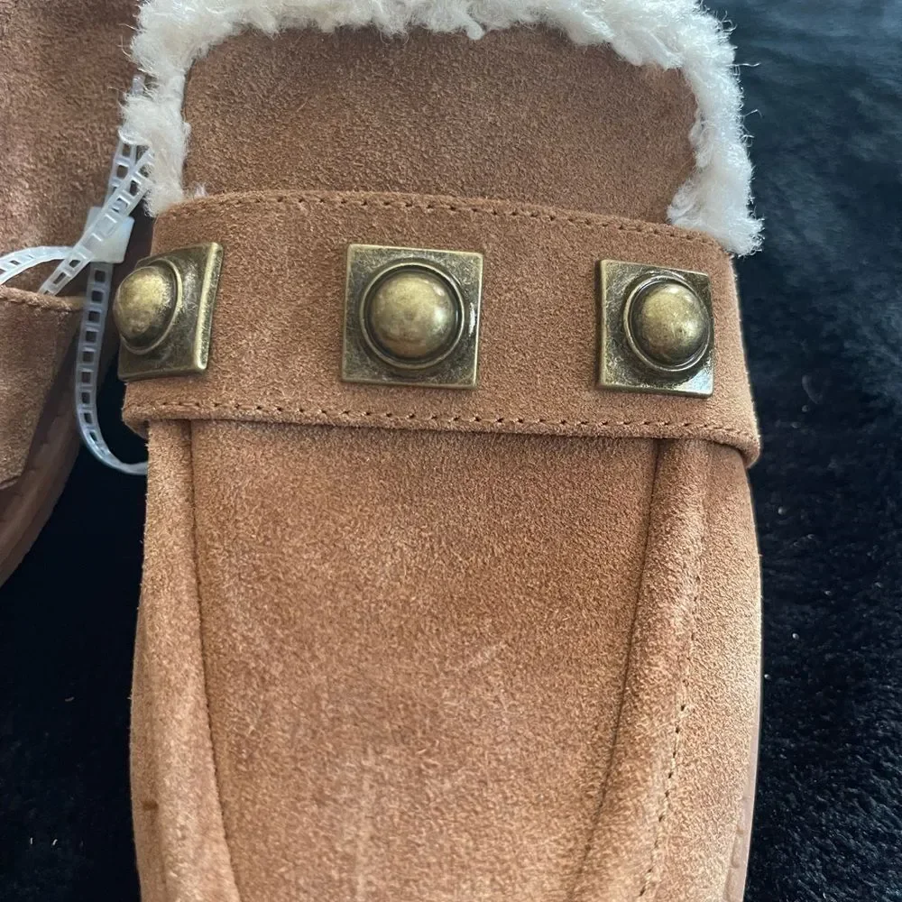 Chelsea & Violet tan suede sling‎ back mules, new without tags, size 7